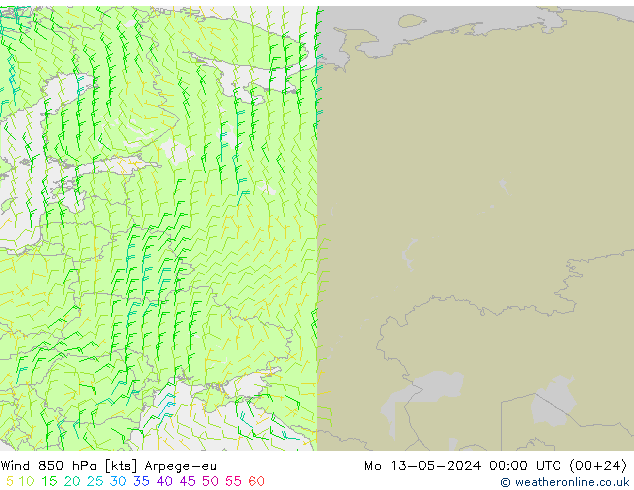ветер 850 гПа Arpege-eu пн 13.05.2024 00 UTC