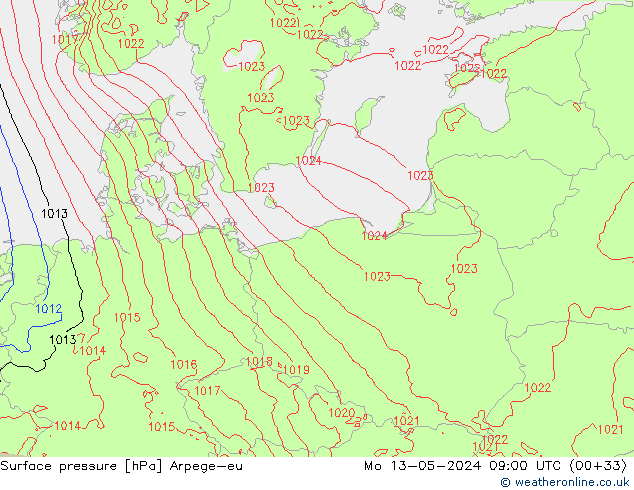 Presión superficial Arpege-eu lun 13.05.2024 09 UTC