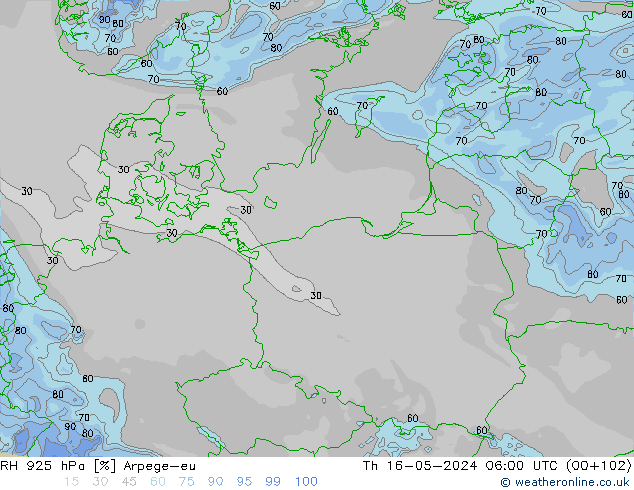 RH 925 hPa Arpege-eu Čt 16.05.2024 06 UTC