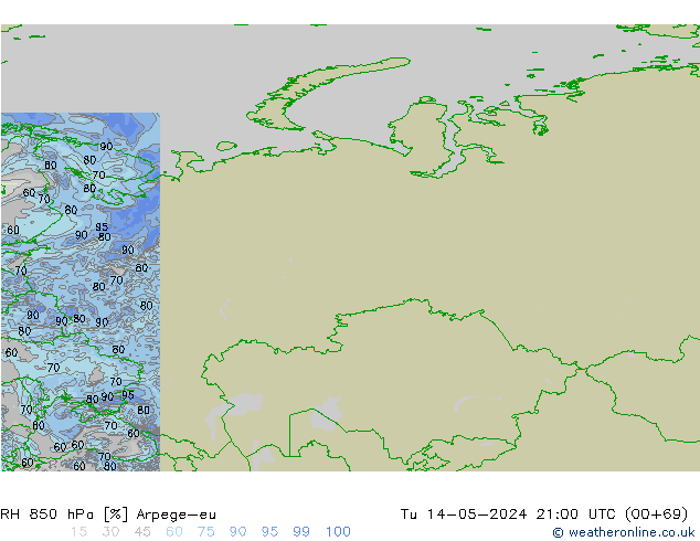 RH 850 hPa Arpege-eu Tu 14.05.2024 21 UTC