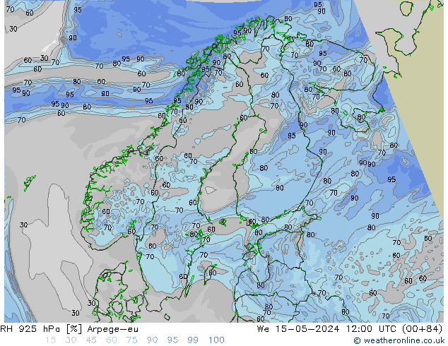 Humidité rel. 925 hPa Arpege-eu mer 15.05.2024 12 UTC