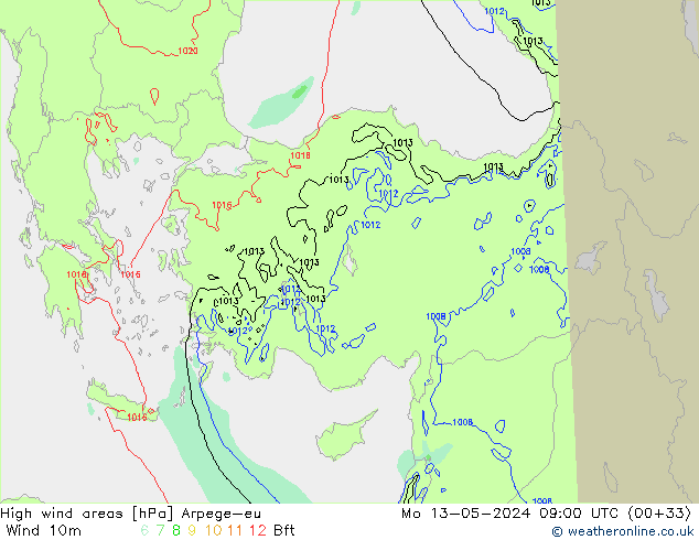 High wind areas Arpege-eu Mo 13.05.2024 09 UTC