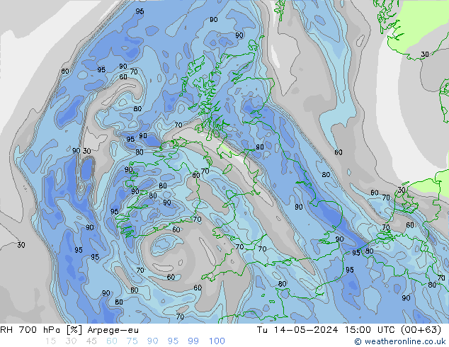 RH 700 hPa Arpege-eu Út 14.05.2024 15 UTC