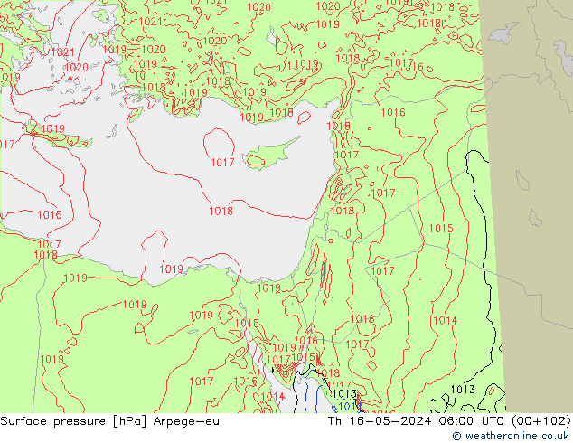 Atmosférický tlak Arpege-eu Čt 16.05.2024 06 UTC