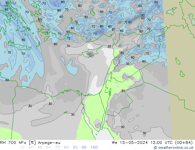 Humedad rel. 700hPa Arpege-eu mié 15.05.2024 12 UTC