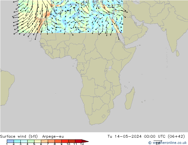 Surface wind (bft) Arpege-eu Út 14.05.2024 00 UTC