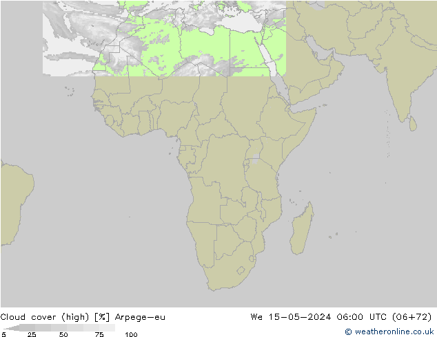 Cloud cover (high) Arpege-eu We 15.05.2024 06 UTC
