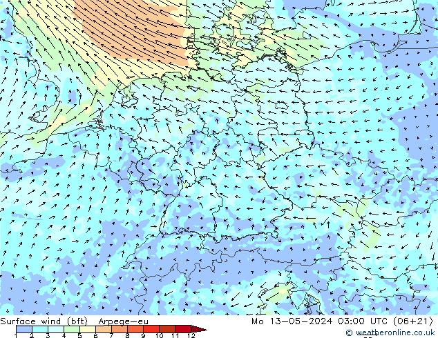 Wind 10 m (bft) Arpege-eu ma 13.05.2024 03 UTC