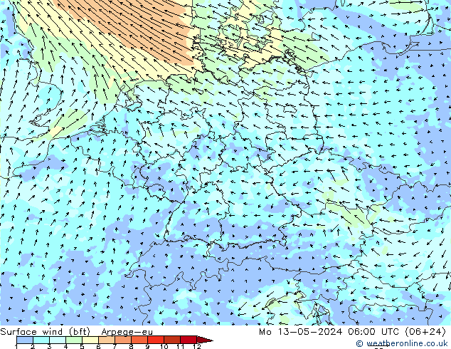 Surface wind (bft) Arpege-eu Mo 13.05.2024 06 UTC