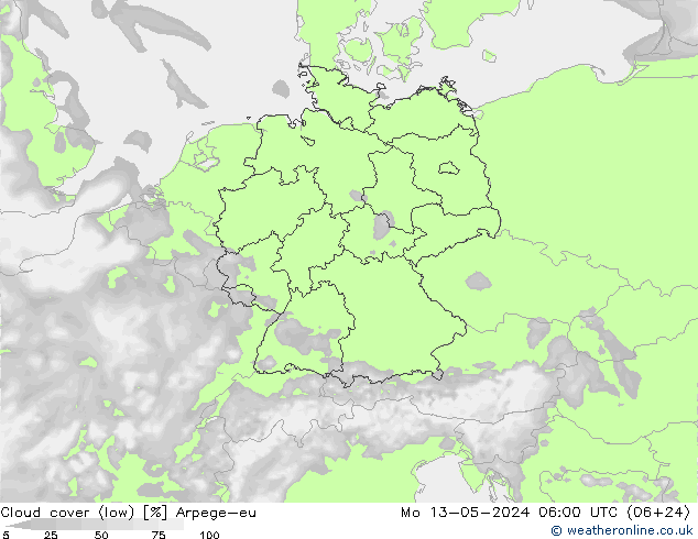 Cloud cover (low) Arpege-eu Mo 13.05.2024 06 UTC