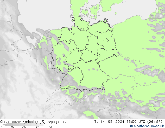Cloud cover (middle) Arpege-eu Tu 14.05.2024 15 UTC