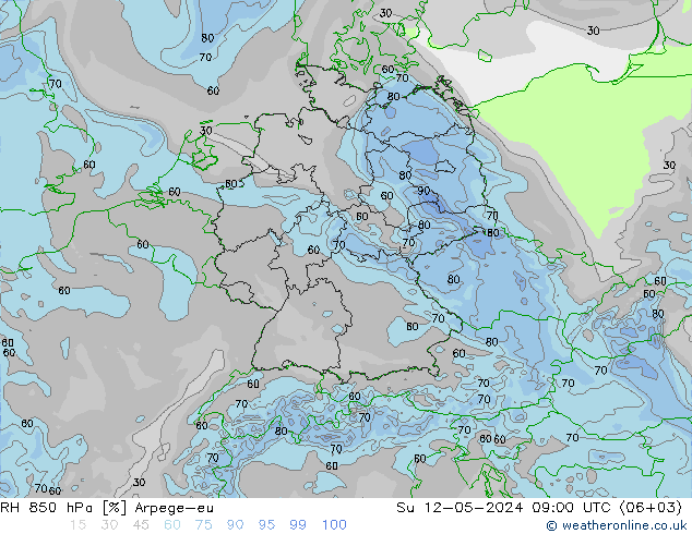 RH 850 hPa Arpege-eu 星期日 12.05.2024 09 UTC
