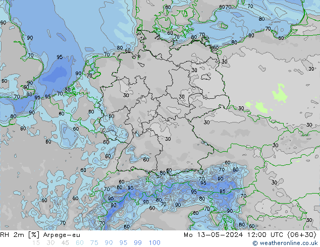 Humedad rel. 2m Arpege-eu lun 13.05.2024 12 UTC