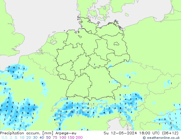 Precipitation accum. Arpege-eu Su 12.05.2024 18 UTC