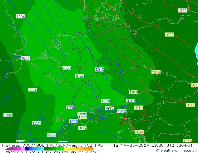 Thck 700-1000 hPa Arpege-eu wto. 14.05.2024 09 UTC