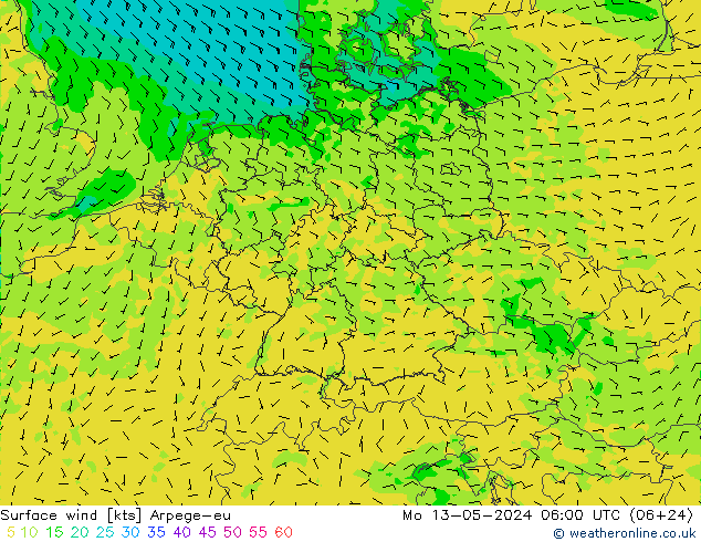 Surface wind Arpege-eu Mo 13.05.2024 06 UTC