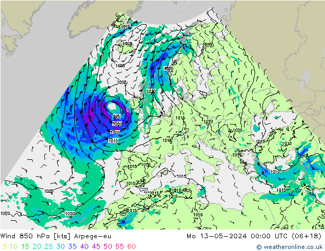wiatr 850 hPa Arpege-eu pon. 13.05.2024 00 UTC