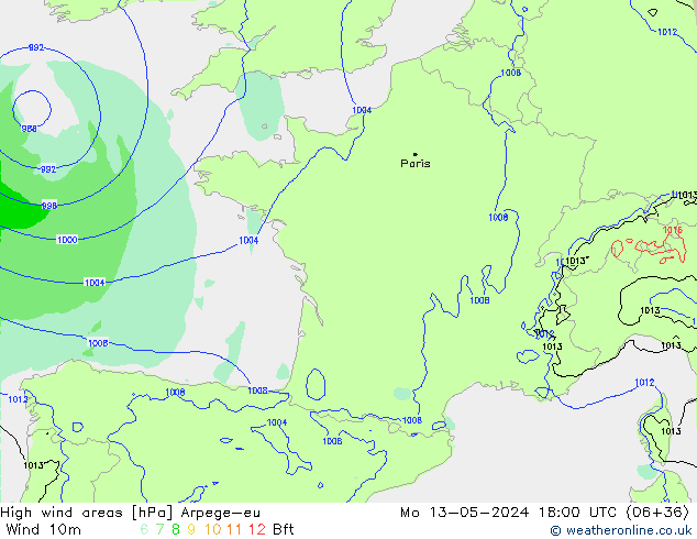 High wind areas Arpege-eu пн 13.05.2024 18 UTC