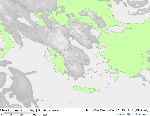 Cloud cover (middle) Arpege-eu Mo 13.05.2024 21 UTC