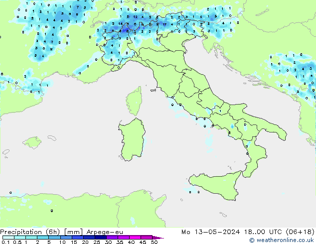 Precipitation (6h) Arpege-eu Mo 13.05.2024 00 UTC