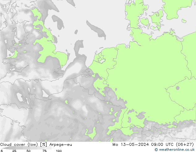 Cloud cover (low) Arpege-eu Mo 13.05.2024 09 UTC
