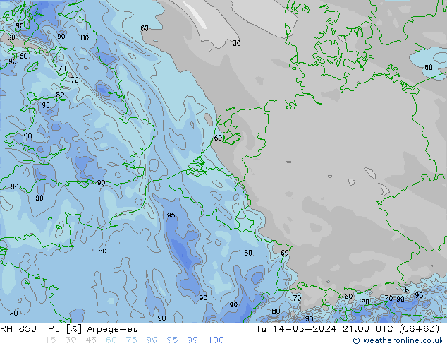 Humidité rel. 850 hPa Arpege-eu mar 14.05.2024 21 UTC