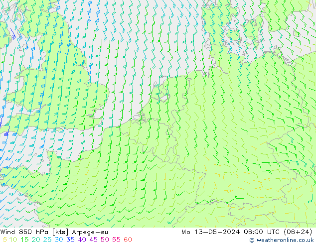 Wind 850 hPa Arpege-eu Mo 13.05.2024 06 UTC