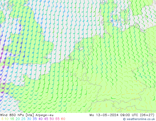 Wind 850 hPa Arpege-eu Mo 13.05.2024 09 UTC