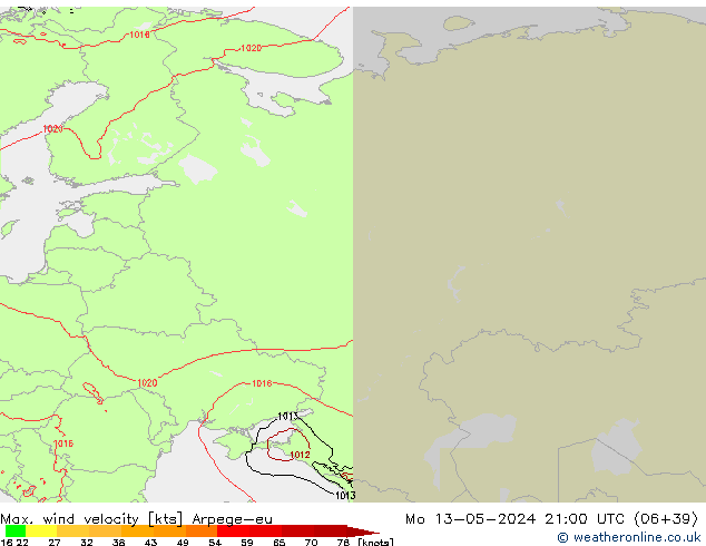 Max. wind velocity Arpege-eu pon. 13.05.2024 21 UTC