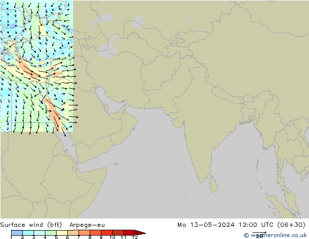 Wind 10 m (bft) Arpege-eu ma 13.05.2024 12 UTC