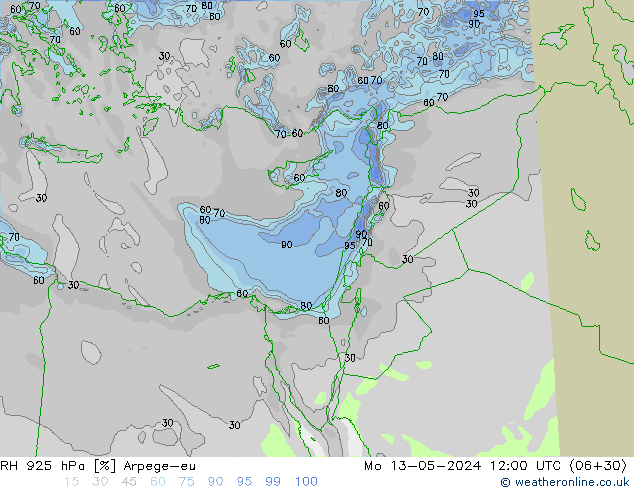 RH 925 hPa Arpege-eu Mo 13.05.2024 12 UTC