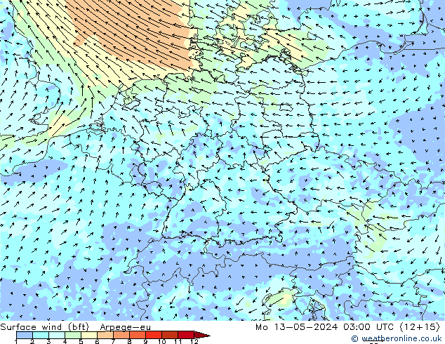 Surface wind (bft) Arpege-eu Mo 13.05.2024 03 UTC