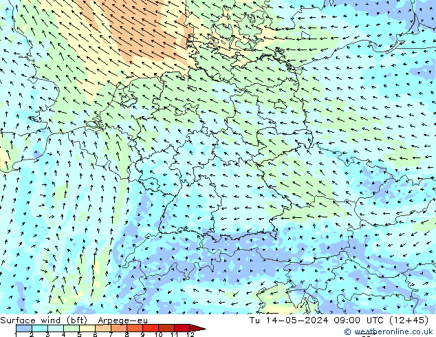 Surface wind (bft) Arpege-eu Tu 14.05.2024 09 UTC