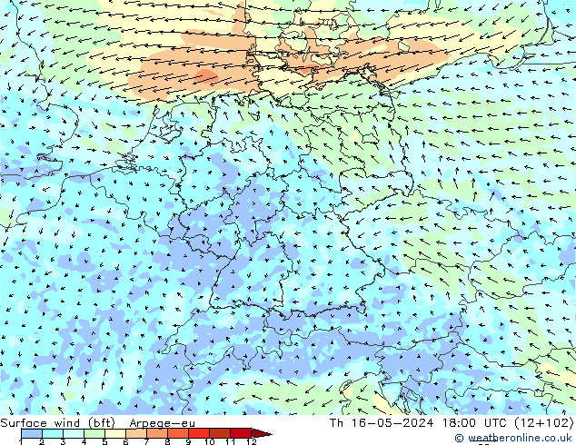 Surface wind (bft) Arpege-eu Th 16.05.2024 18 UTC