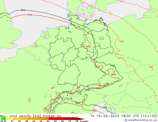 Max. wind velocity Arpege-eu Čt 16.05.2024 18 UTC