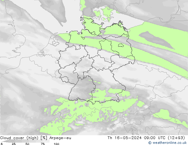 Cloud cover (high) Arpege-eu Th 16.05.2024 09 UTC