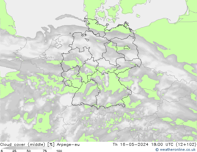 Cloud cover (middle) Arpege-eu Th 16.05.2024 18 UTC