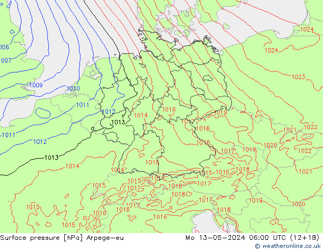 Surface pressure Arpege-eu Mo 13.05.2024 06 UTC