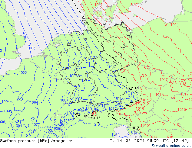 Surface pressure Arpege-eu Tu 14.05.2024 06 UTC