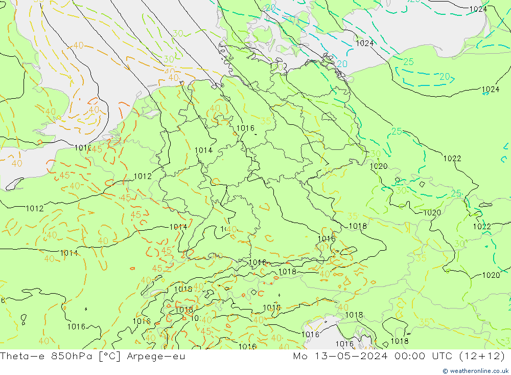 Theta-e 850hPa Arpege-eu  13.05.2024 00 UTC