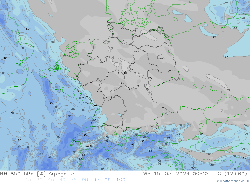 RH 850 hPa Arpege-eu mer 15.05.2024 00 UTC