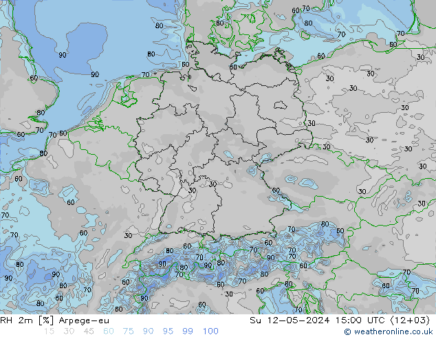 RH 2m Arpege-eu 星期日 12.05.2024 15 UTC