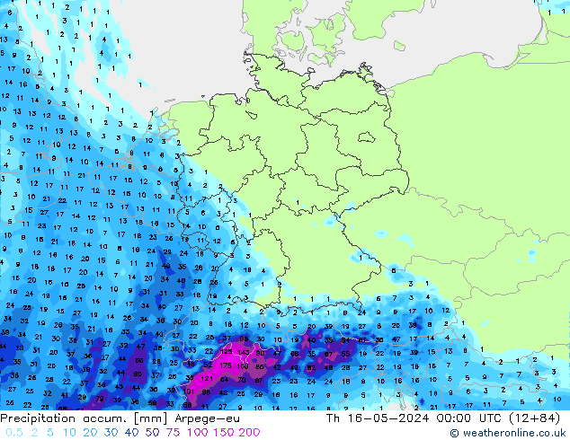 Precipitation accum. Arpege-eu Th 16.05.2024 00 UTC
