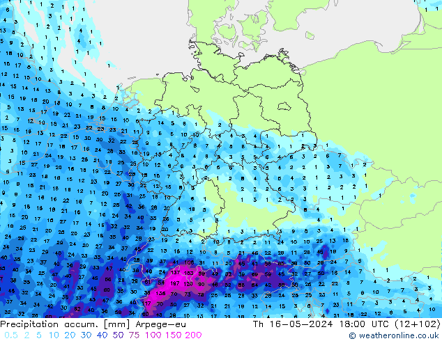 Totale neerslag Arpege-eu do 16.05.2024 18 UTC