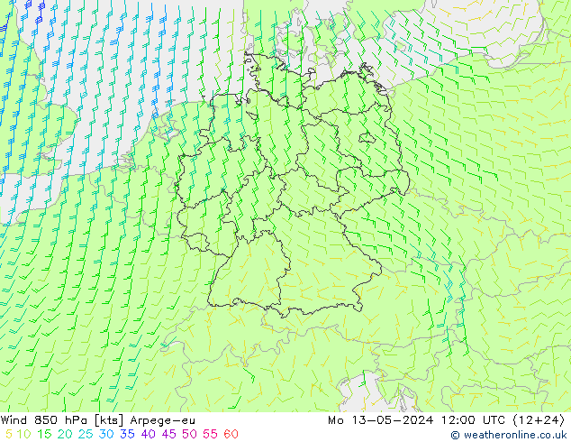 Wind 850 hPa Arpege-eu Mo 13.05.2024 12 UTC