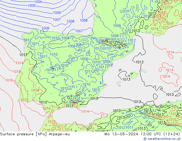 Surface pressure Arpege-eu Mo 13.05.2024 12 UTC