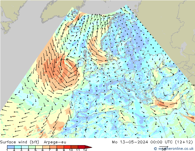 Surface wind (bft) Arpege-eu Po 13.05.2024 00 UTC