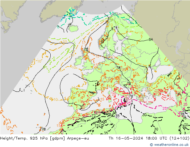 Height/Temp. 925 hPa Arpege-eu Do 16.05.2024 18 UTC