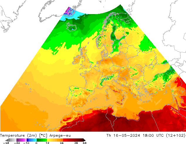 Temperaturkarte (2m) Arpege-eu Do 16.05.2024 18 UTC