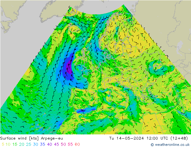 Surface wind Arpege-eu Út 14.05.2024 12 UTC